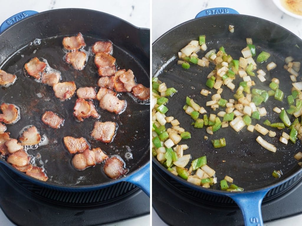 Cooking the bacon and vegetables.