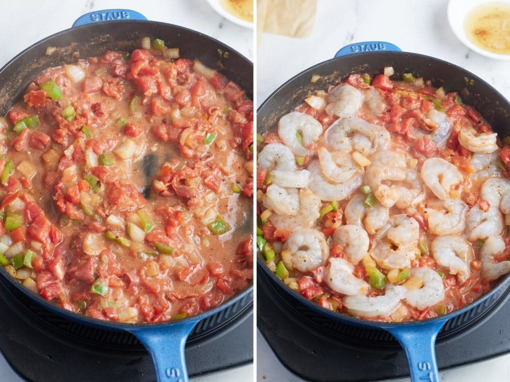 Two photos to show how to cook the shrimp in the sauce.