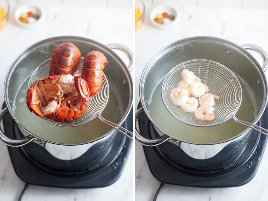 Two photos to show the seafood being cooked.