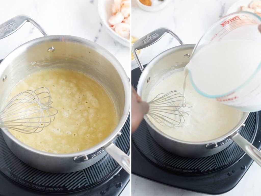Two photos to show how to make the cheese sauce.