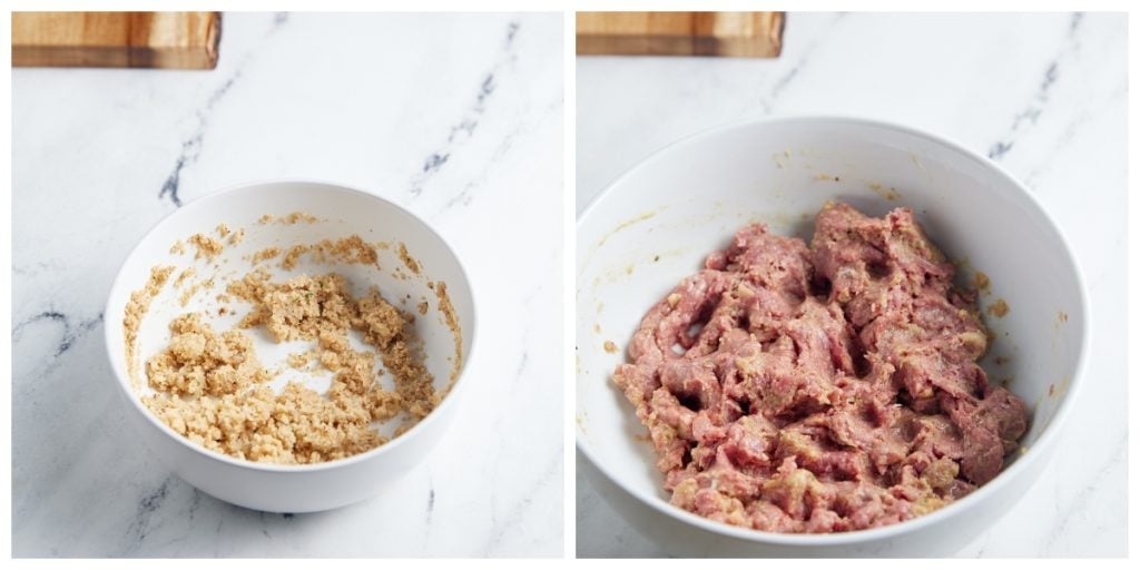 Breadcrumbs combined in a bowl and beef and seasonings in another.