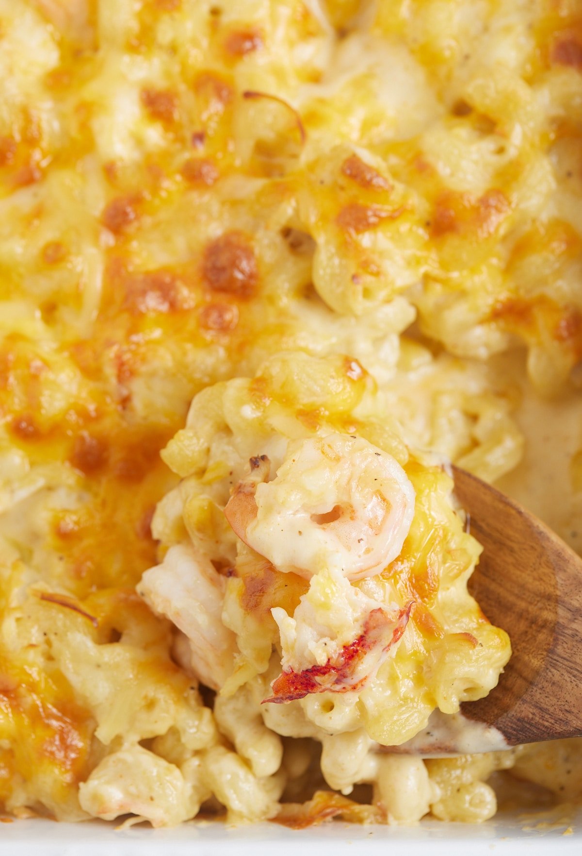 Close up of the seafood mac and cheese being served with a wooden spoon.