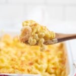 Mac and cheese on a wooden spoon.