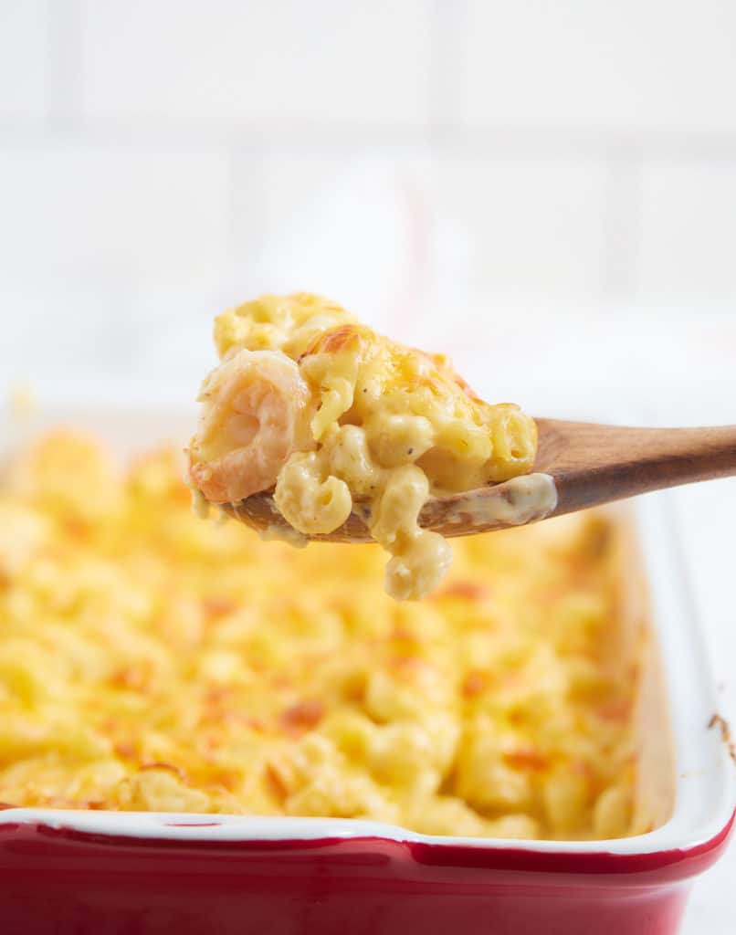 Mac and cheese on a wooden spoon.