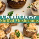 Pinterest graphic. Cream cheese stuffed mushrooms with text overlay.