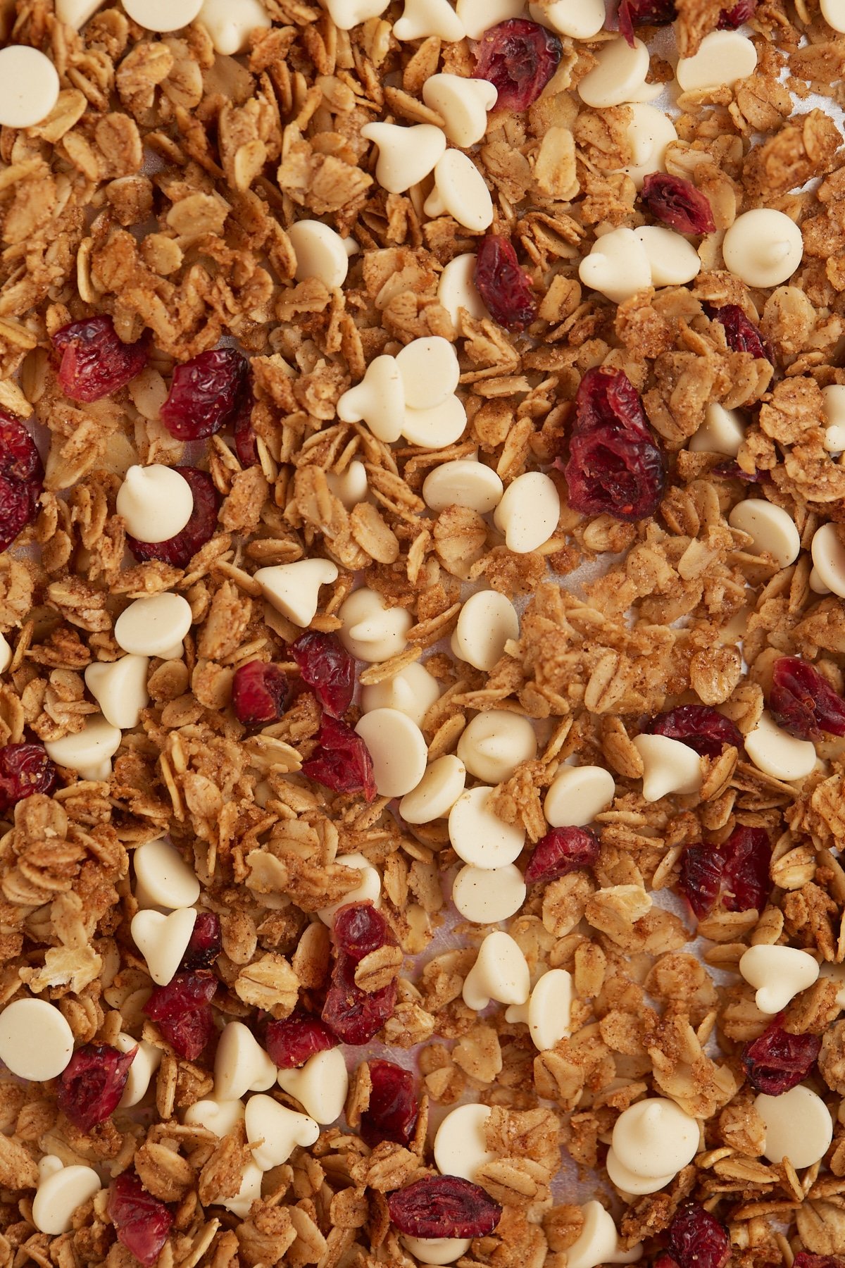 Close up of white chocolate and cranberry granola.