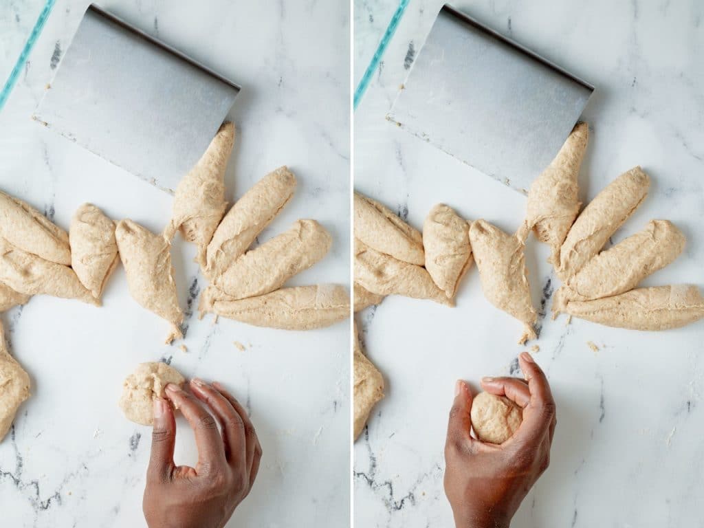 Making the dough into rolls.
