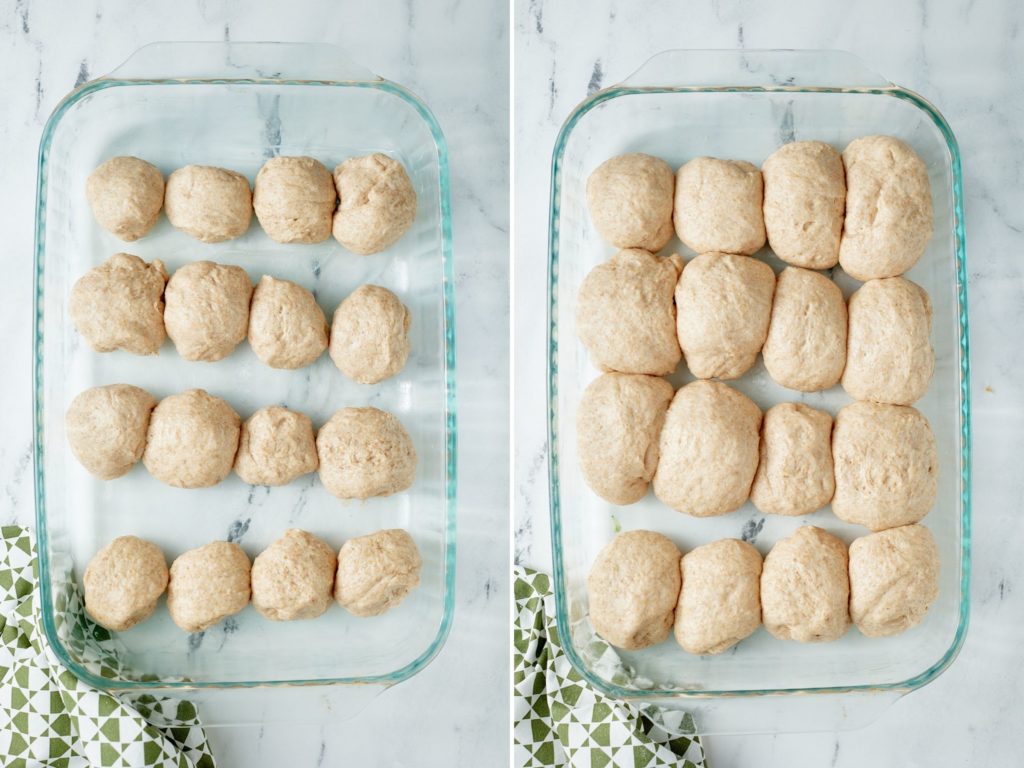 Two photos before and after the bread rolls have risen.