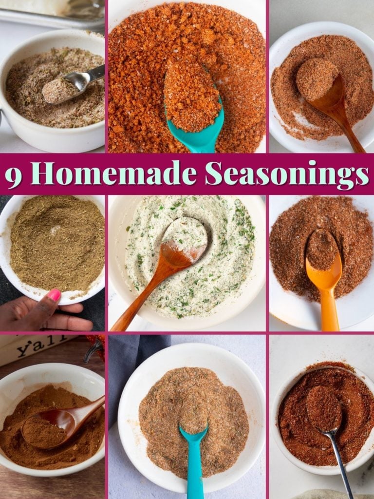 photo of homemade seasonings with text that states 9 homemade seasonings