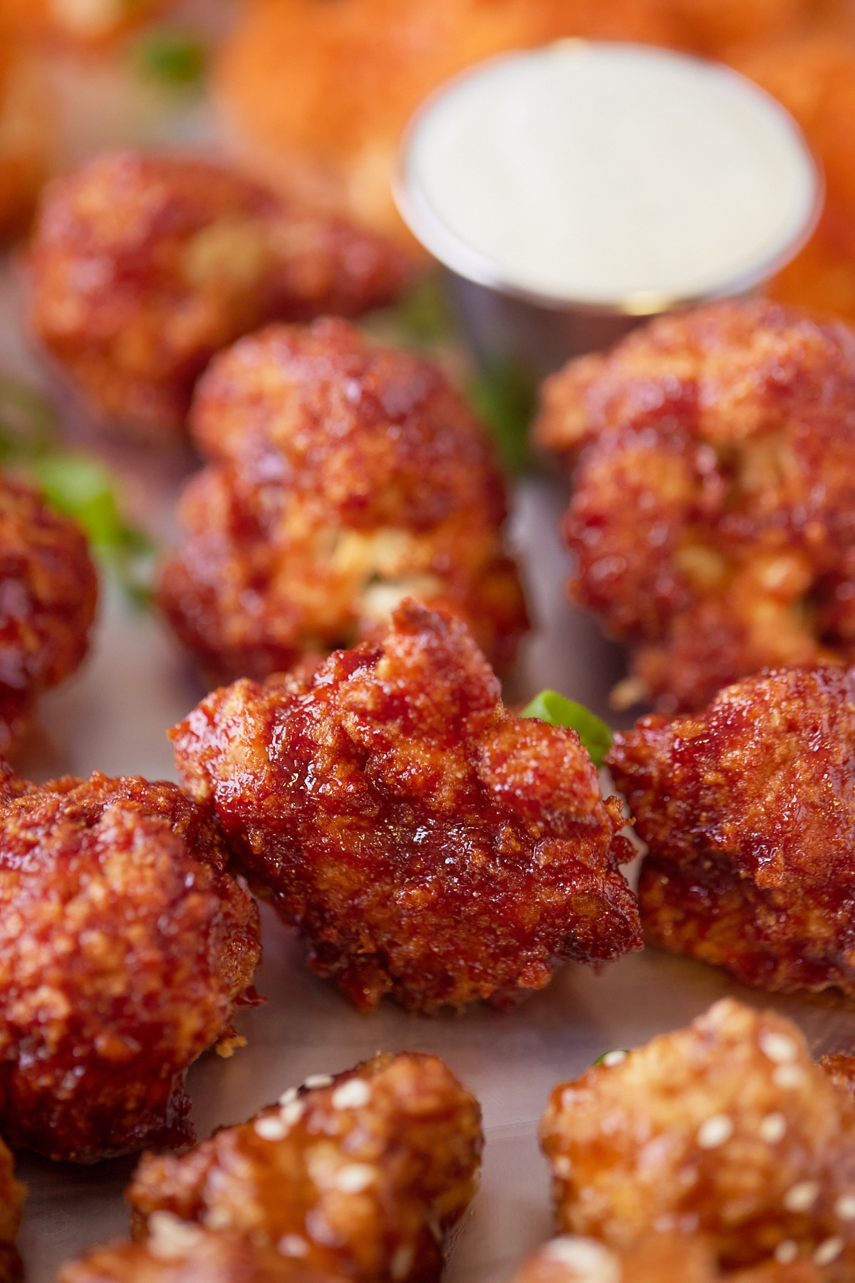 close up photo of buffalo cauliflower wings