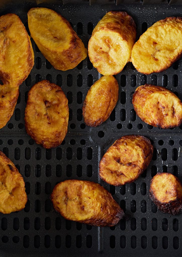 Close up of the plantains in the air fryer basket.