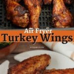 Pinterest graphic. Air fryer turkey wings with text overlay.