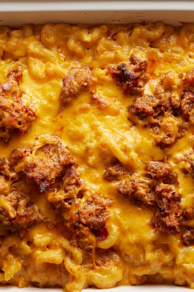 Close up of BBQ mac and cheese.