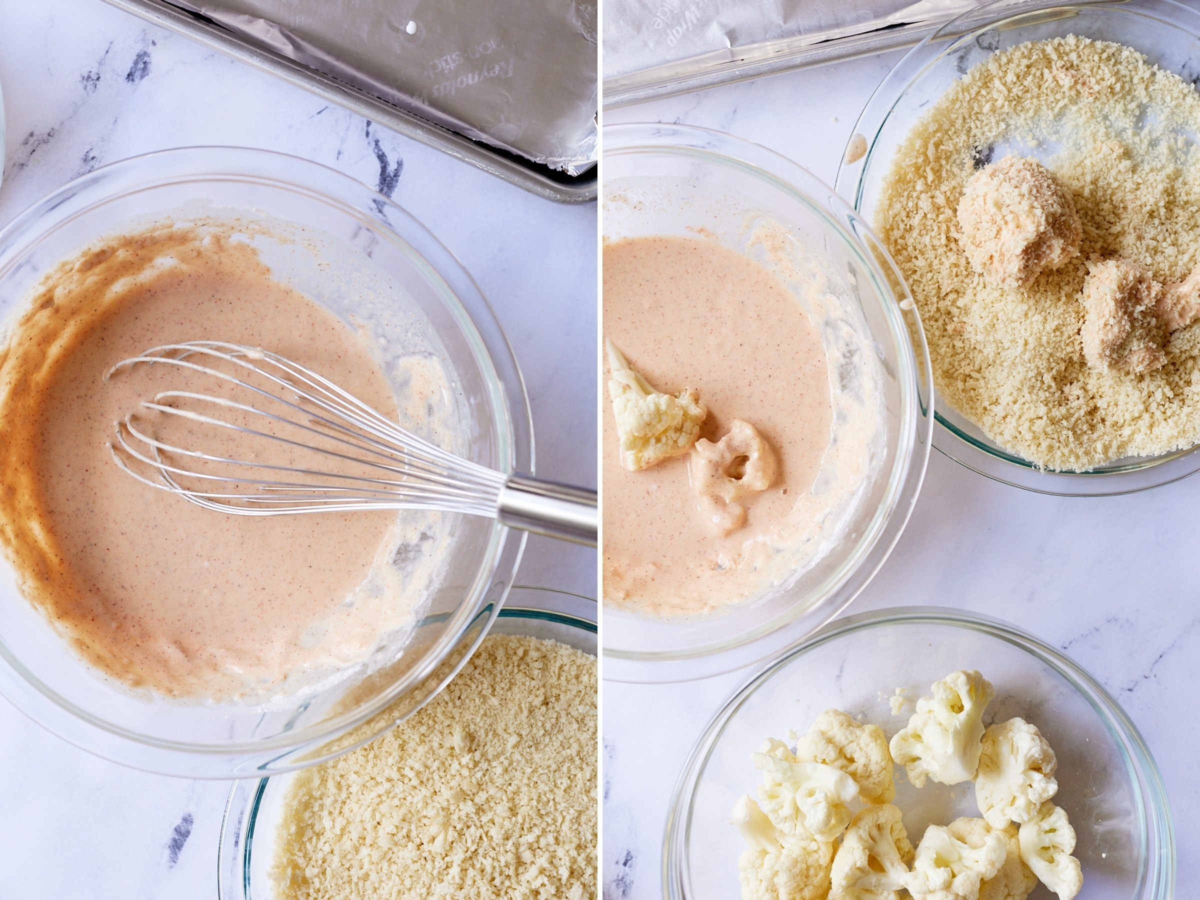 collage of batter being mixed and then dredged in cauliflower