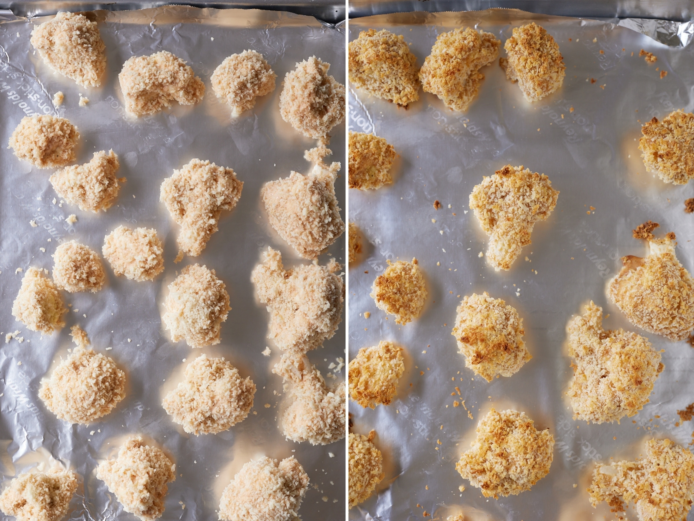 collage of cauliflower wings before being baked and after