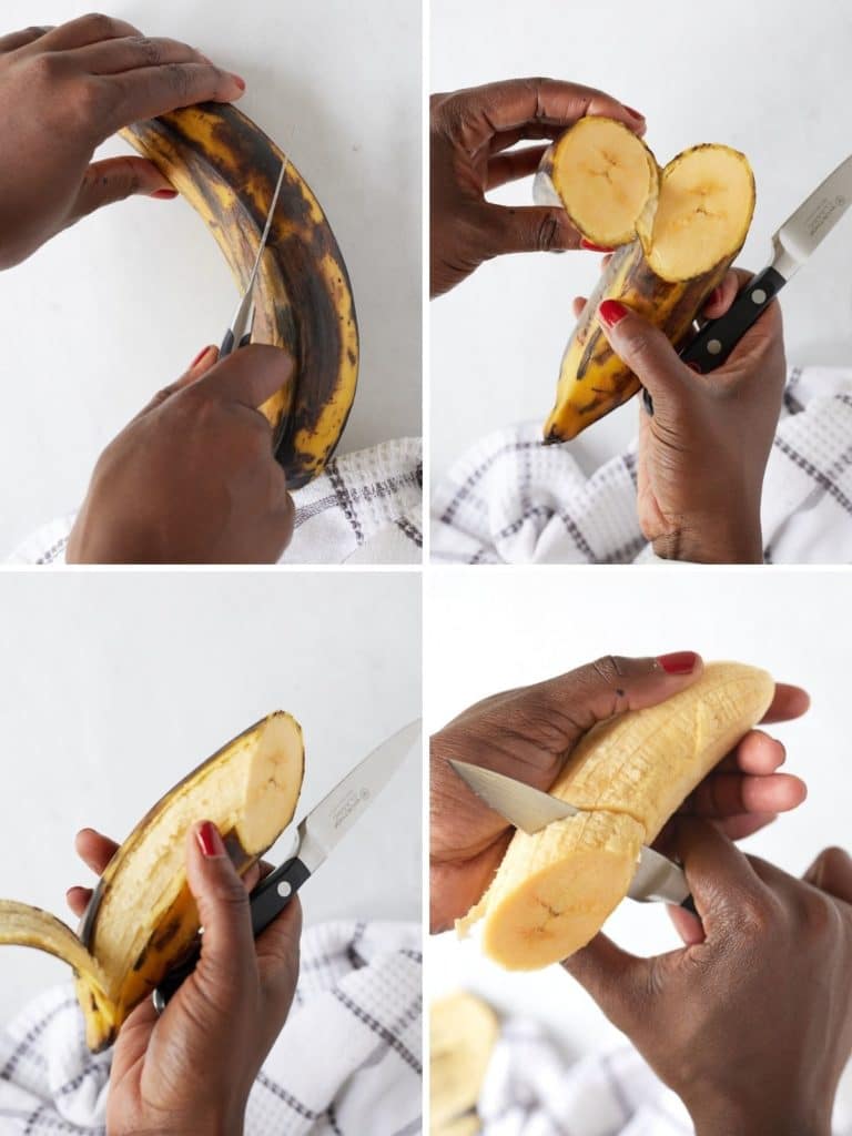 Four step by step photos to show how to peel and cut the plantains.