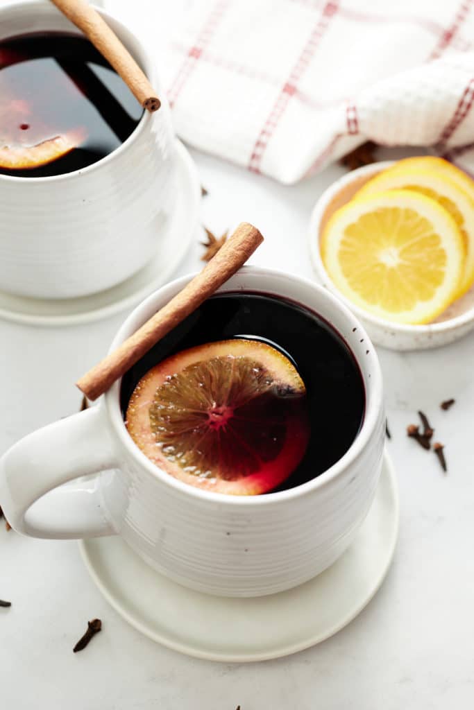 Two cups of holiday mulled wine.