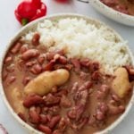jamaican stew peas in bowl with white rice