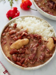 jamaican stew peas in bowl with white rice