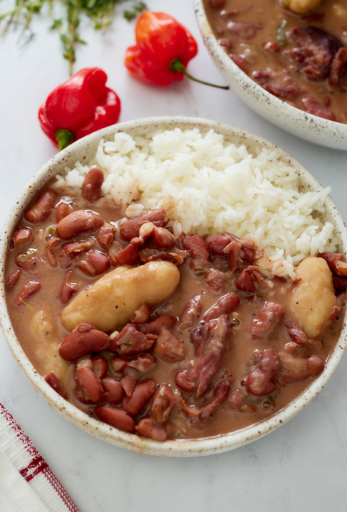 jamaican stew peas in bowl with white rice