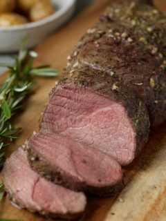 Beef tenderloin sliced and ready to serve.