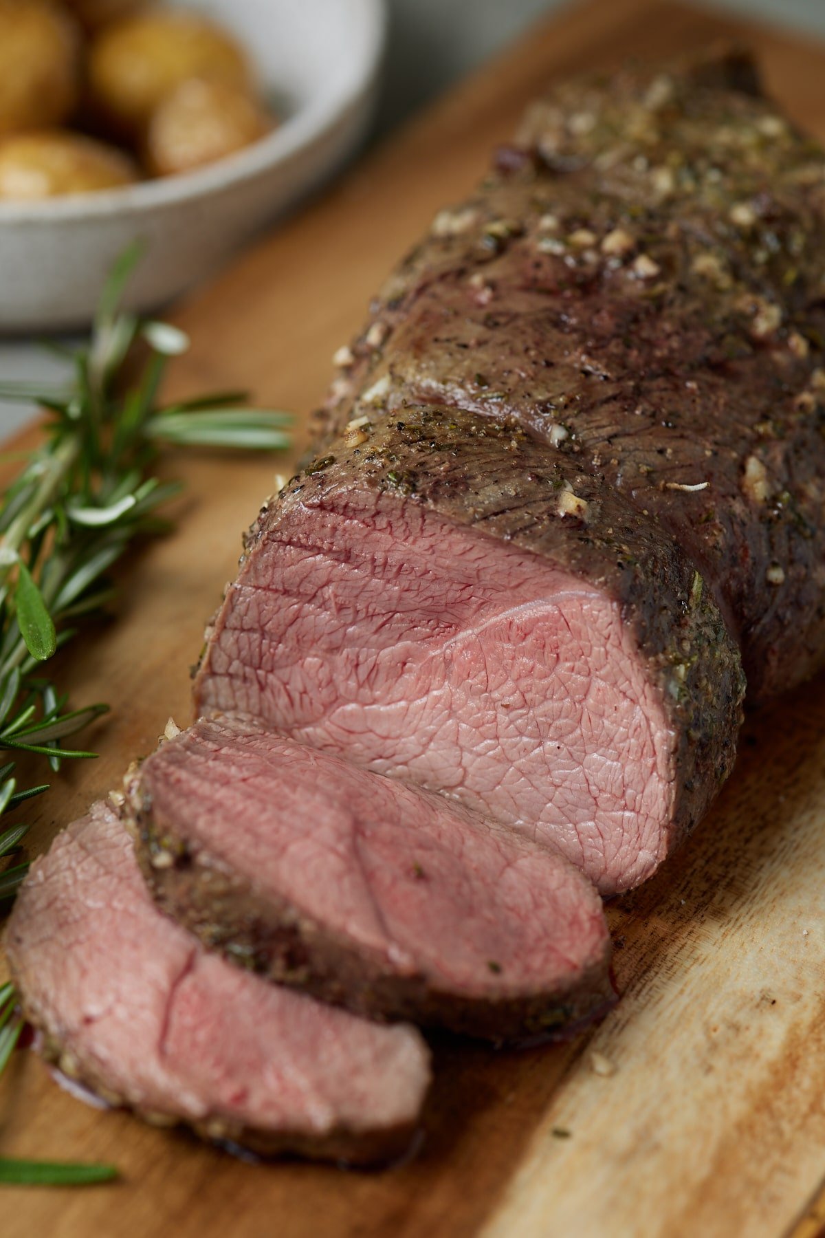 Beef tenderloin sliced and ready to serve.