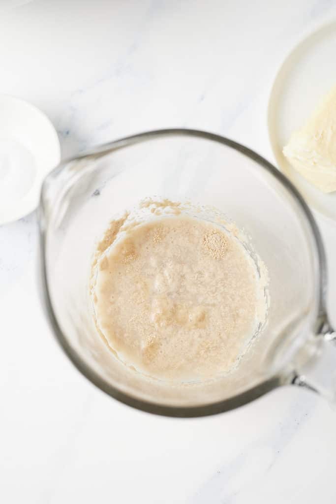 Yeast, water and sugar in a jug.