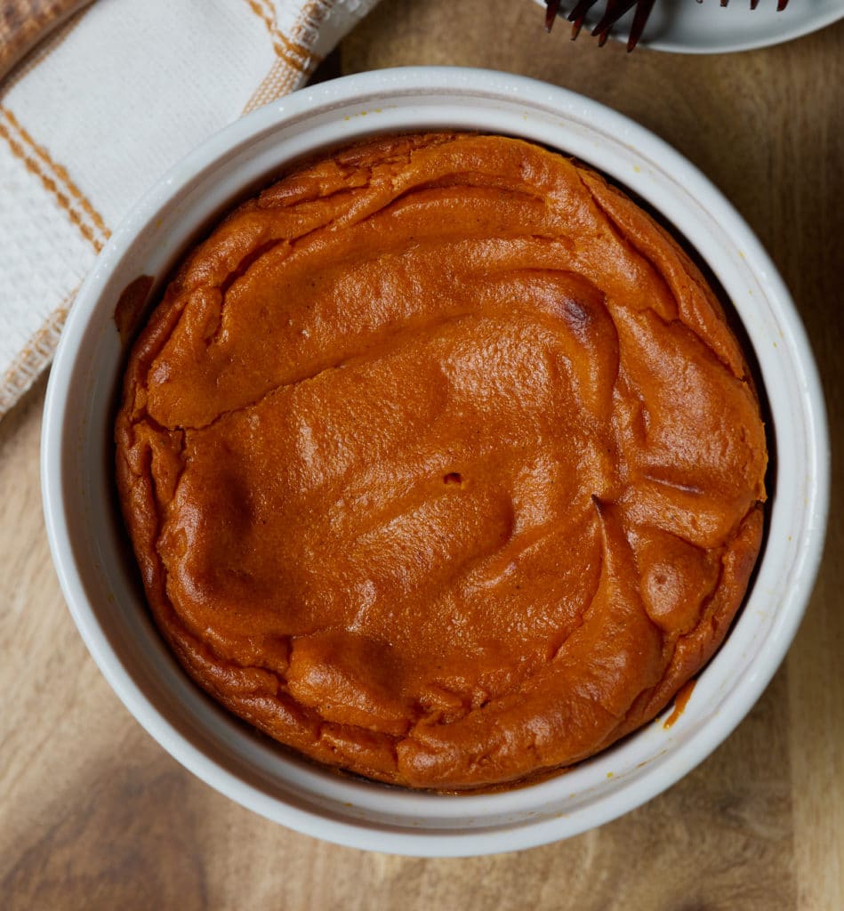 Overhead shot of the carrot souffle served to the table.