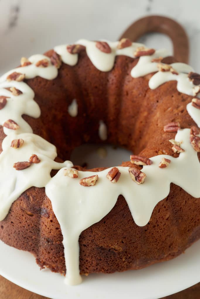 Close up of the glaze on the sweet potato bundt cake.