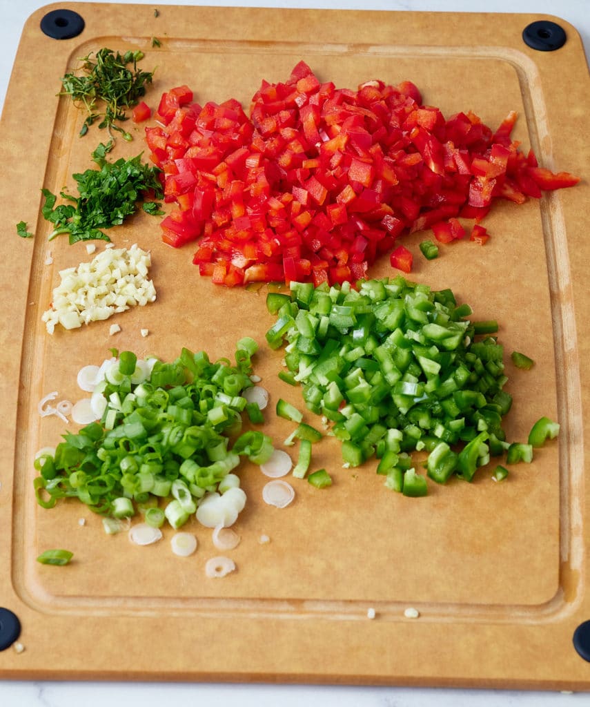 Chopped vegetables for the dressing.