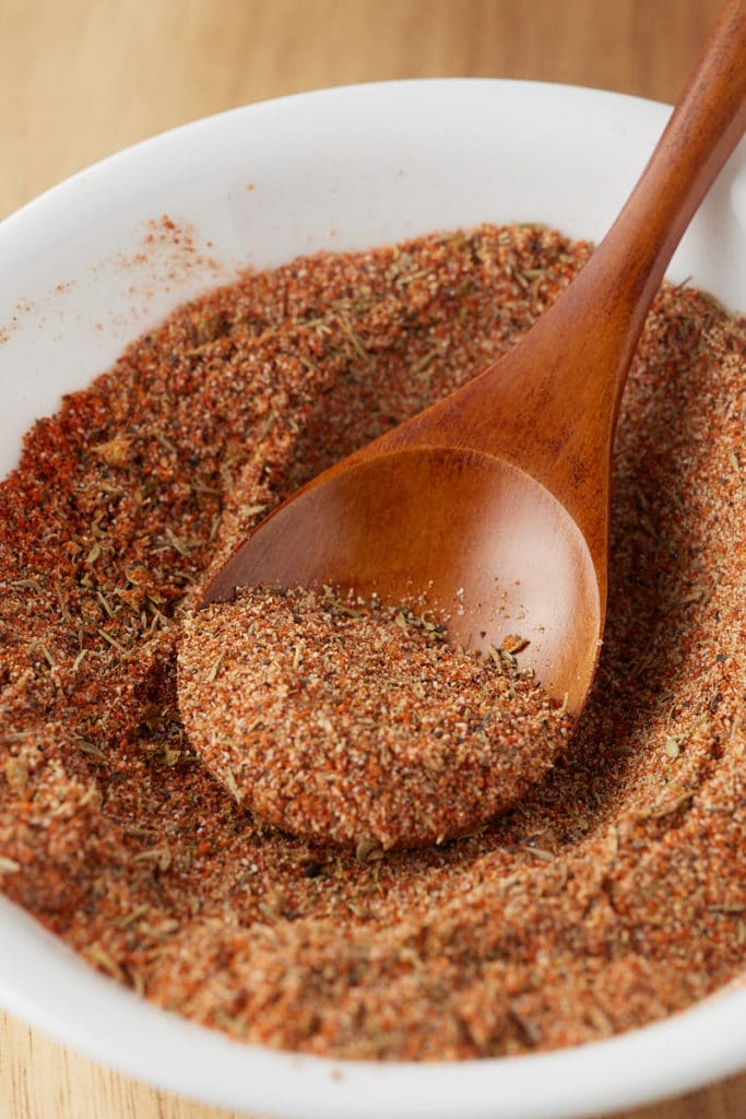 Close up of the homemade seasoning on a spoon.