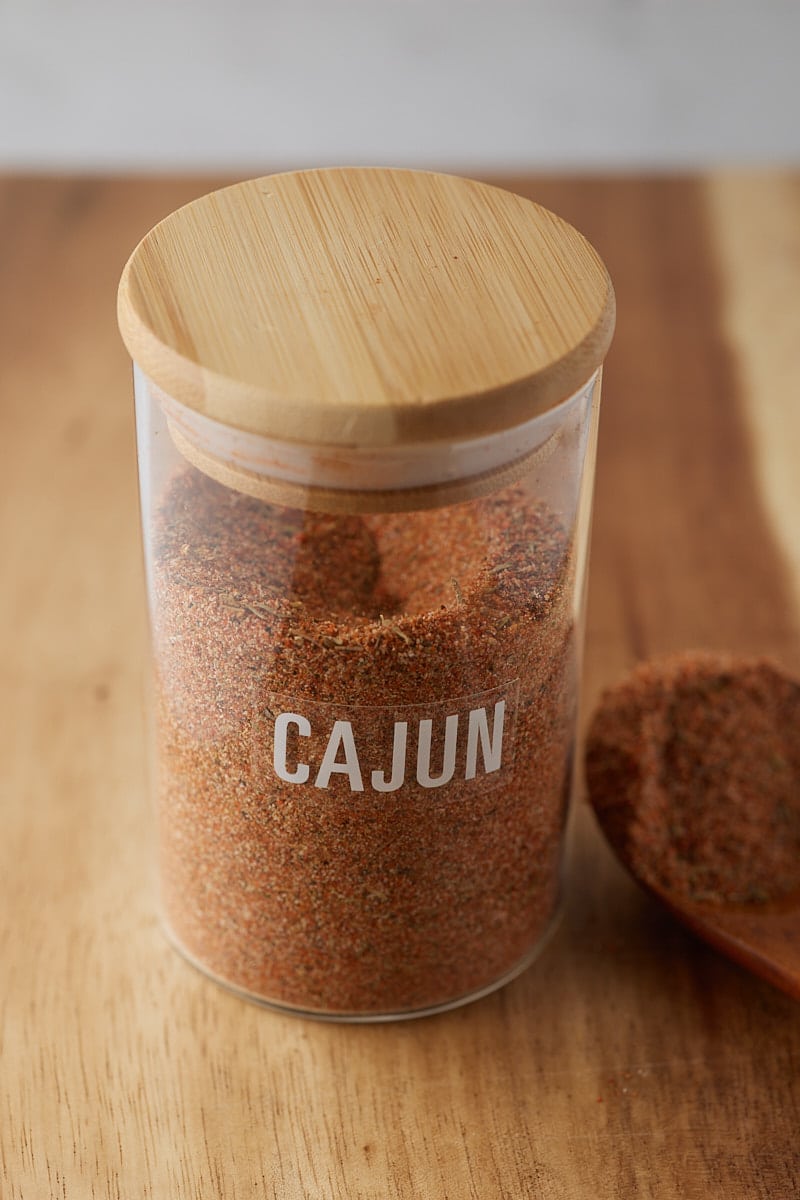 Cajun seasoning in a storage jar.