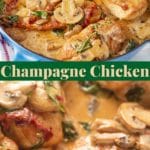 Pinterest graphic. Champagne chicken with text overlay.