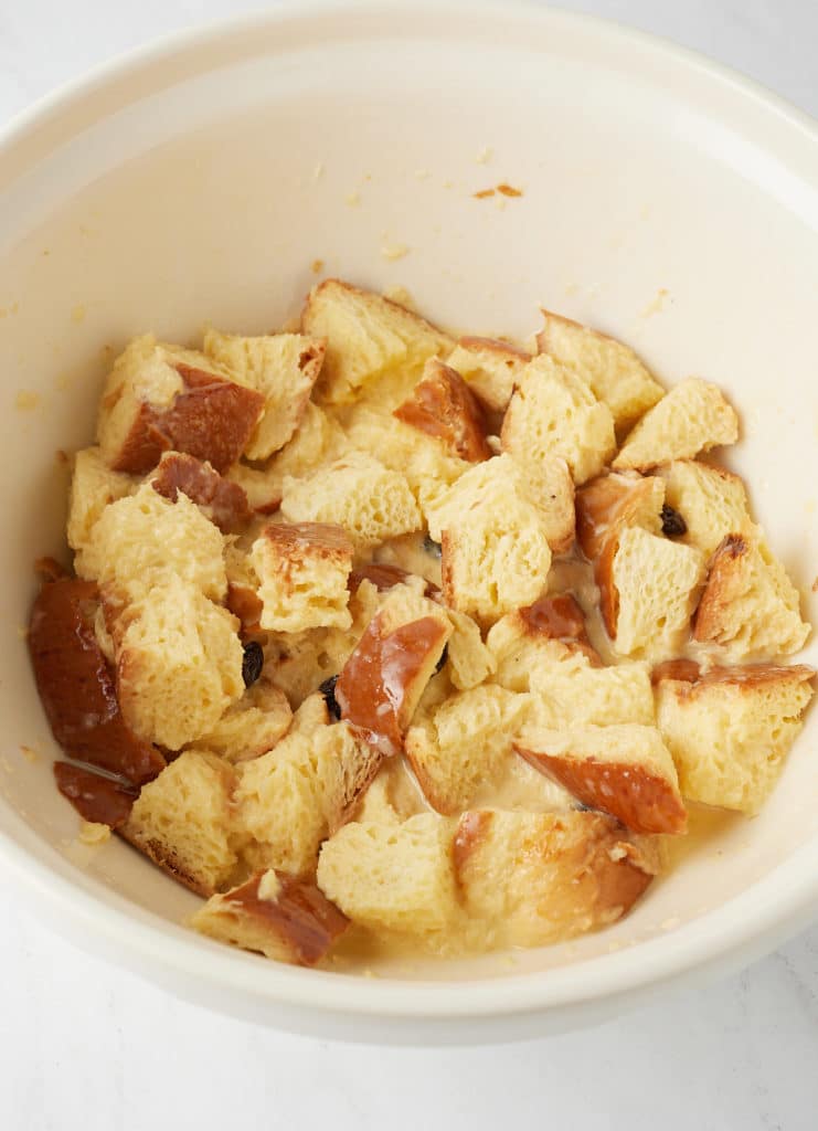 Challah bread soaking in the custard.