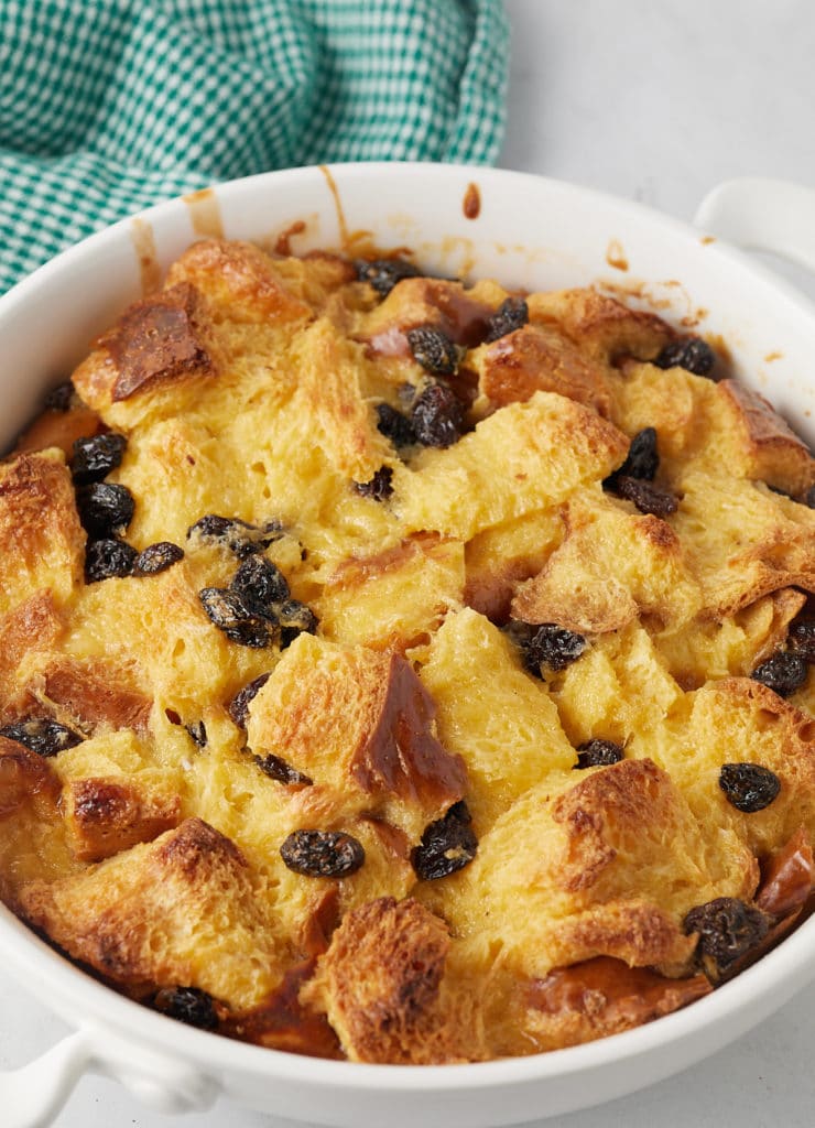 Baked eggnog bread pudding ready to serve.