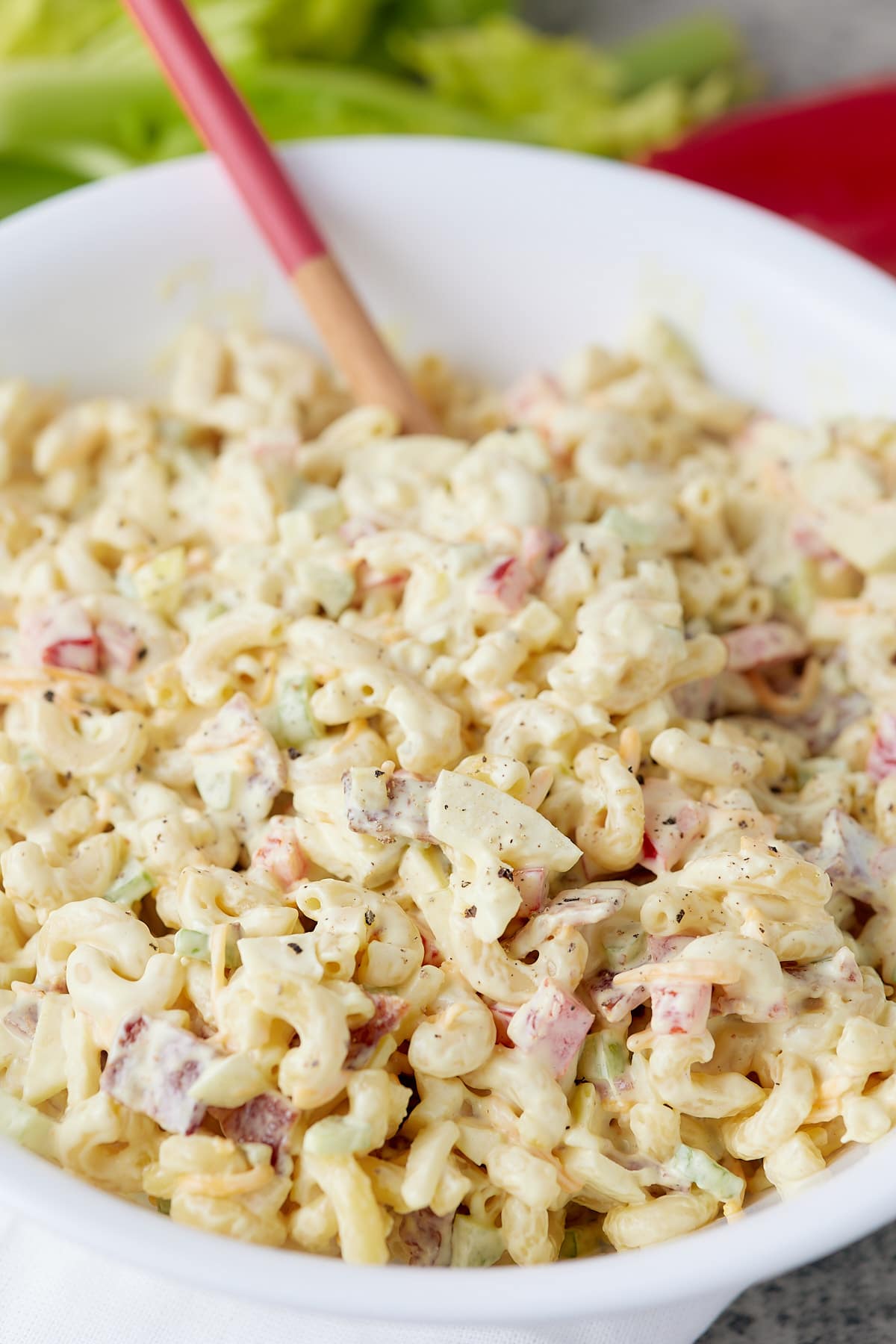Southern macaroni pasta salad served in a white bowl.