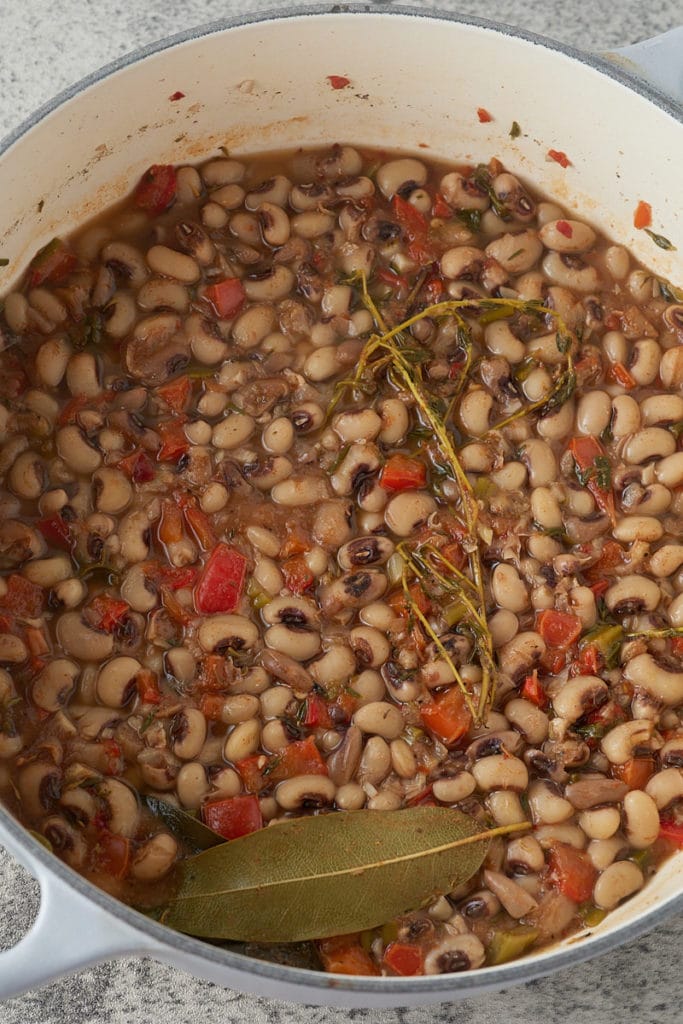 The blackeye peas in a pot after cooking ready to serve.