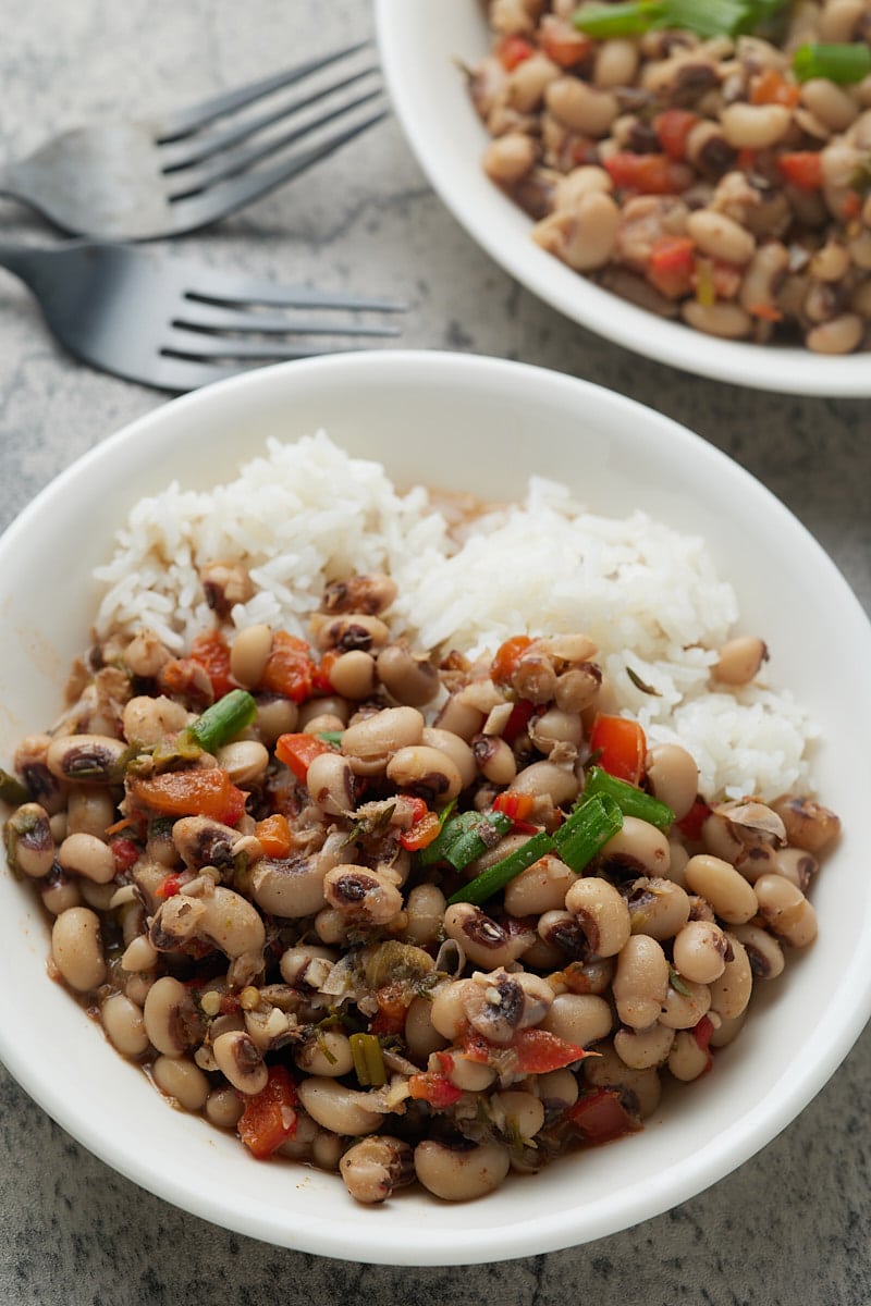 Blackeye peas served on a plate with rice.
