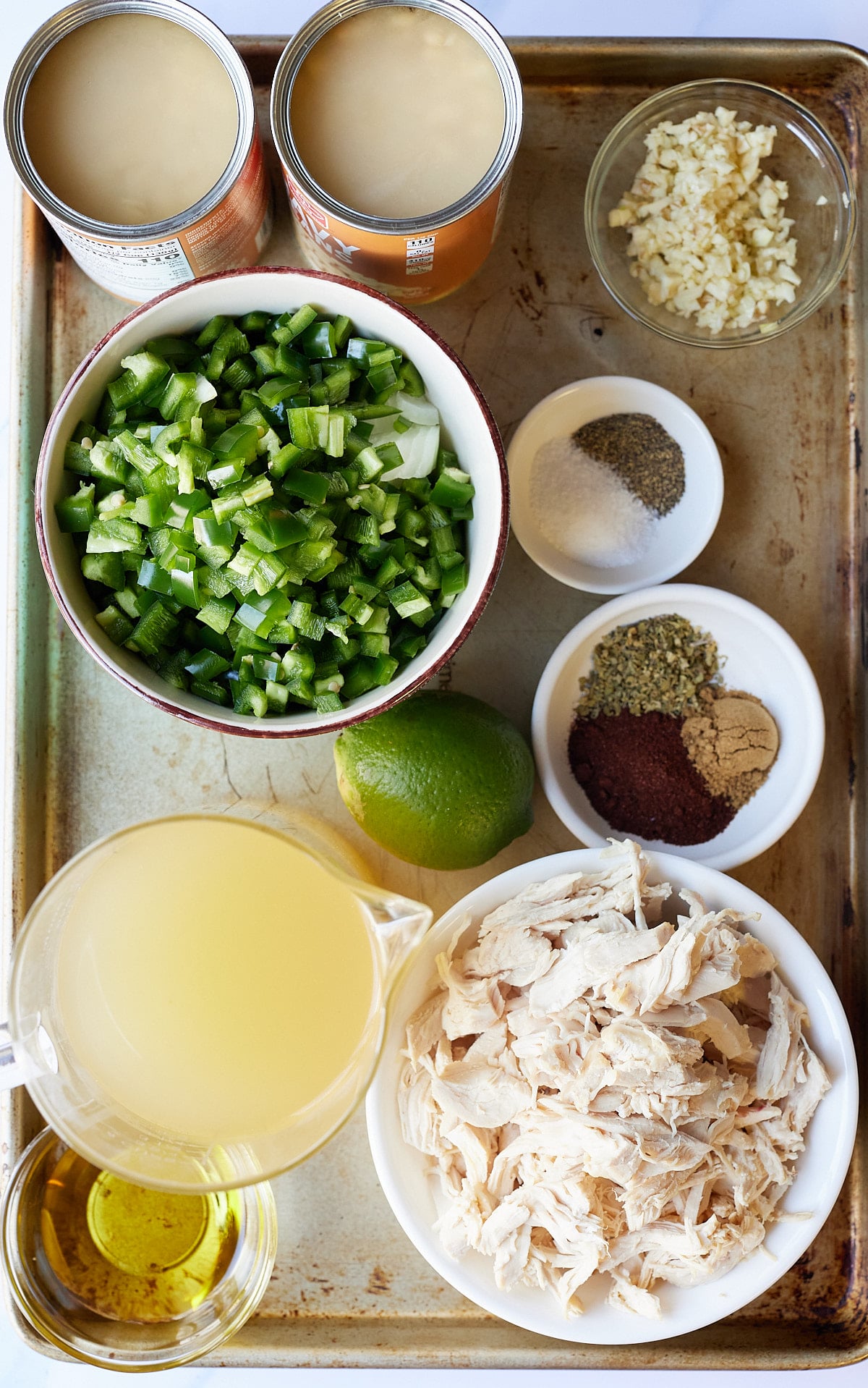 ingredients for chicken chili on sheetpan