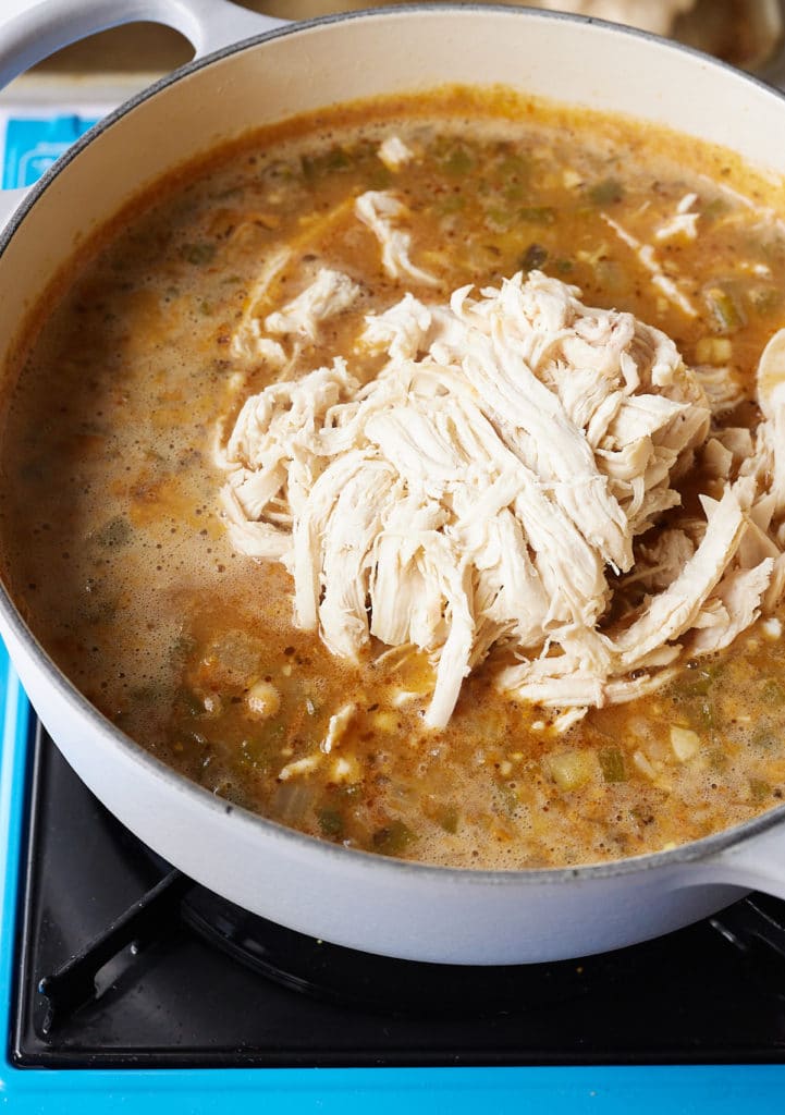 chicken added to the simmering chili