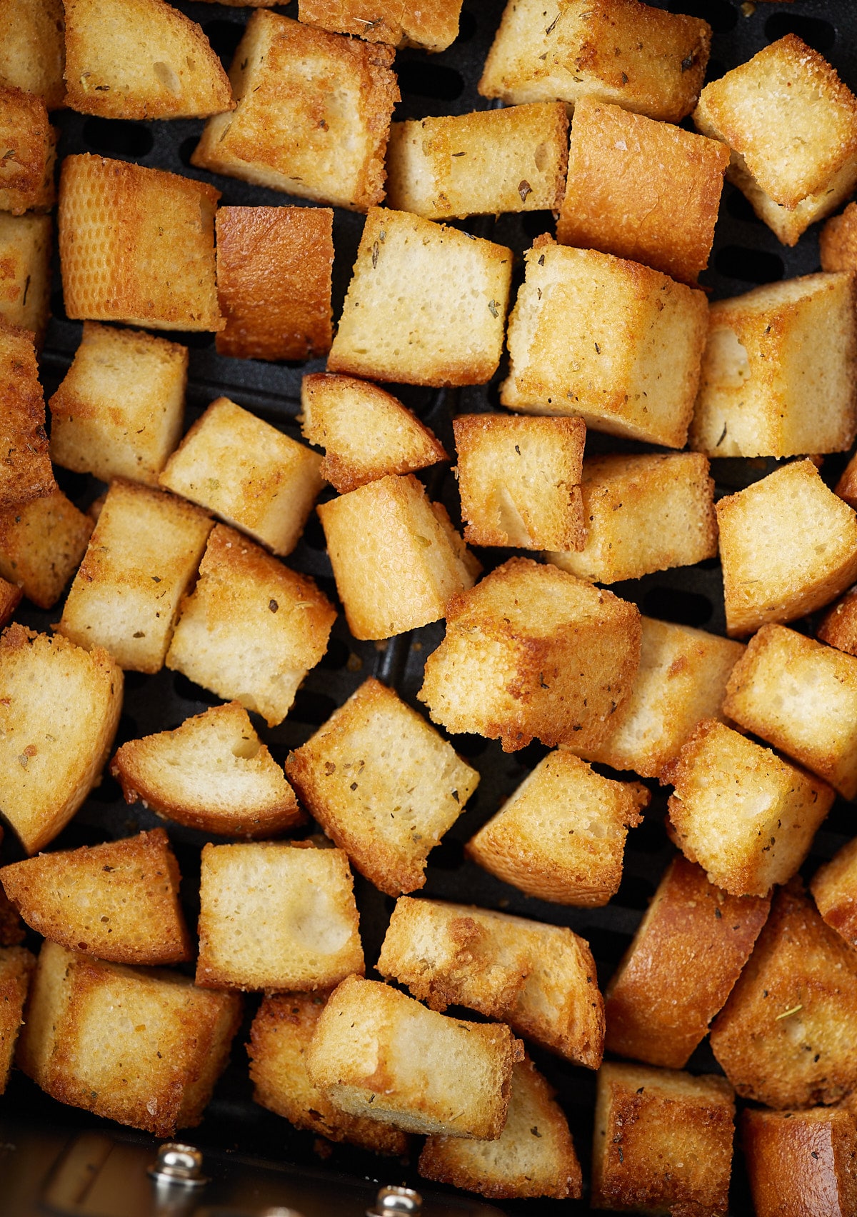 Close up of air fryer croutons ready to use.
