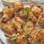 Chicken wings in a garlic parmesan sauce served on a plate.