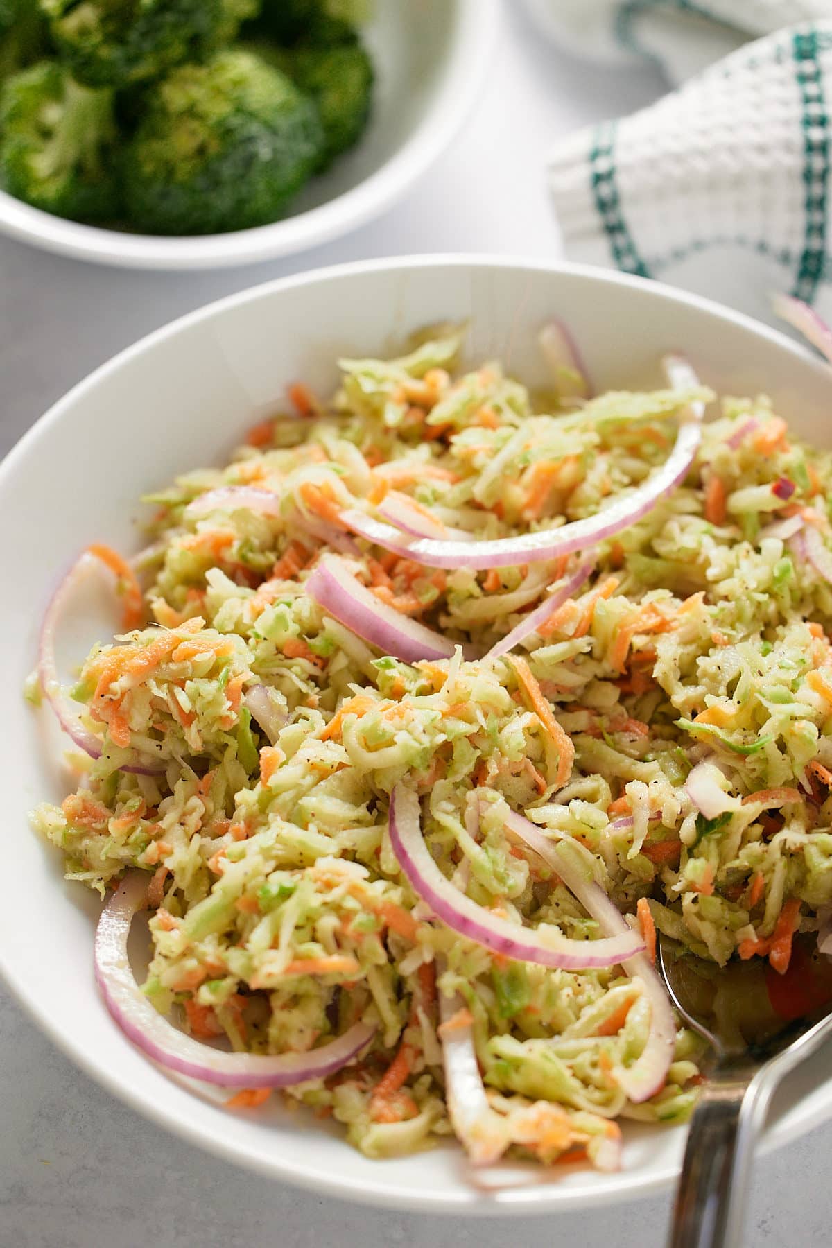 Red onion and broccoli slaw in a white bowl.