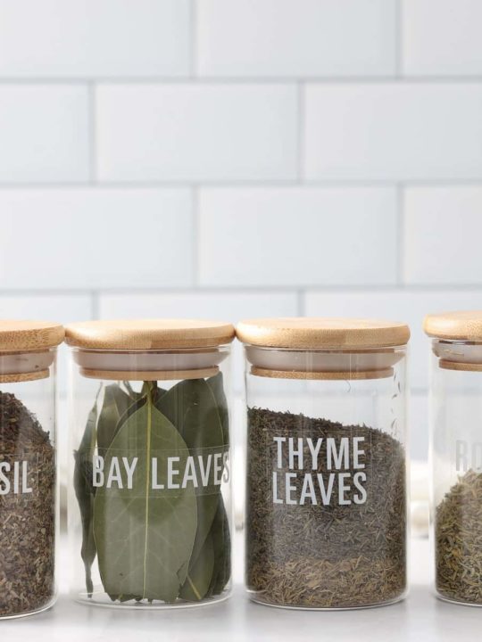 dried herbs in front of white tile background
