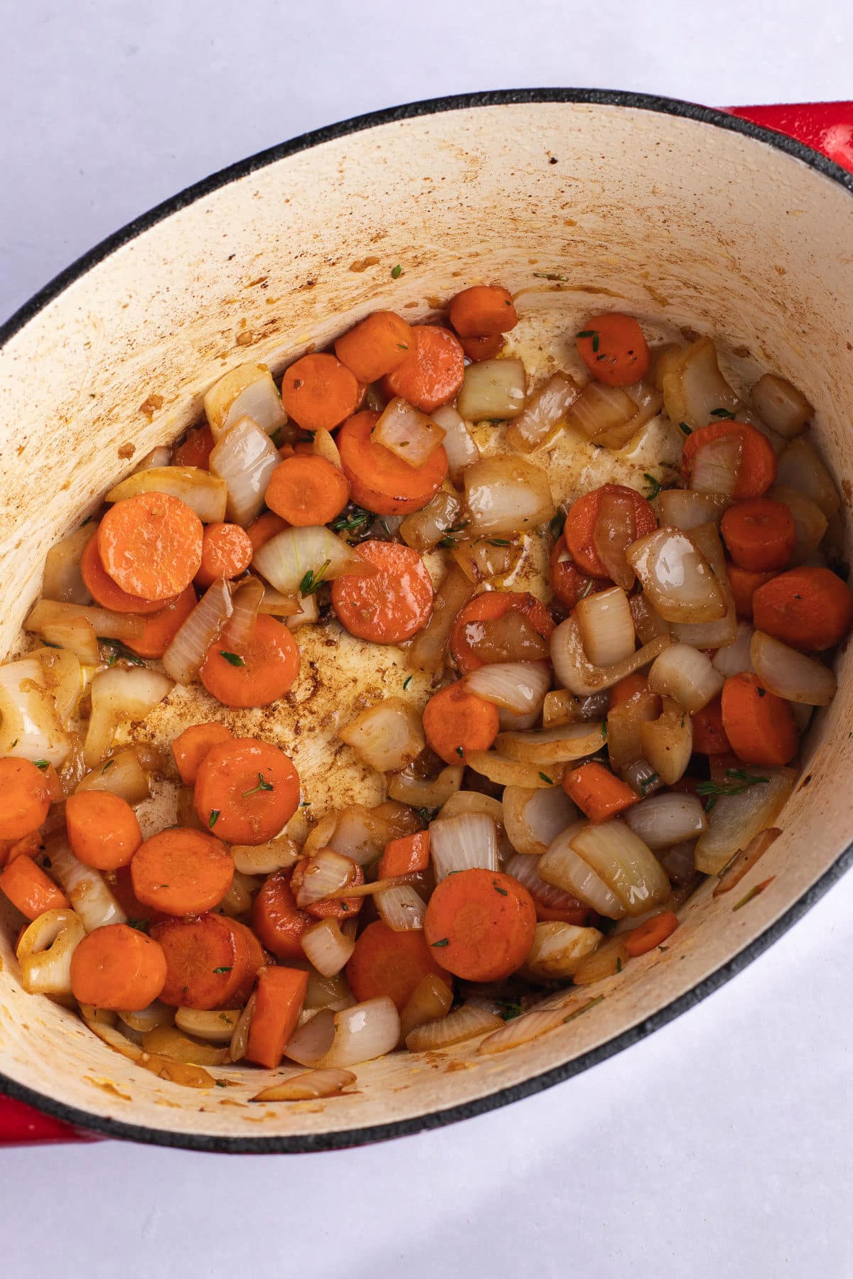 Vegetables cooking in the Dutch oven.