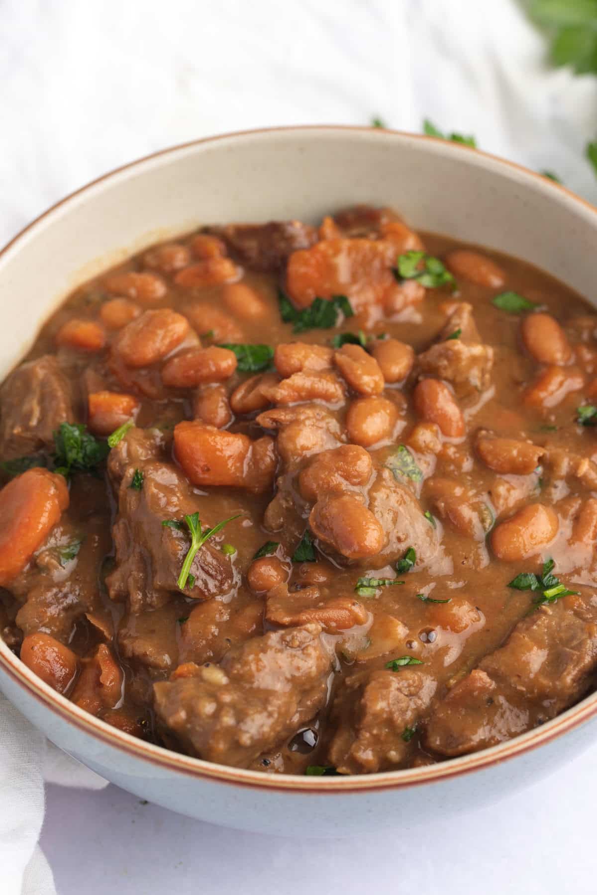 Beef and bean stew served in a white bowl.