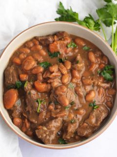 Overhead shot of a bowl of beef and bean stew.