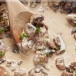 Pinterest graphic. Creamy mushroom sauce with text overlay.