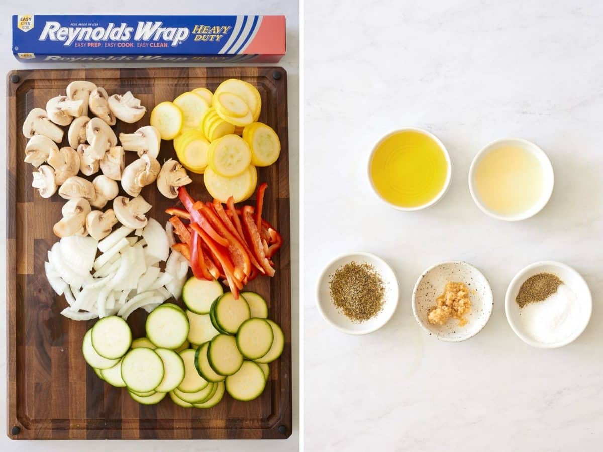 ingredient collage of sliced vegetables and marinade ingredients