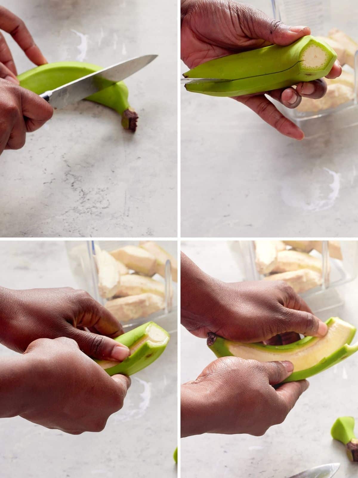 collage image of green banana being peeled